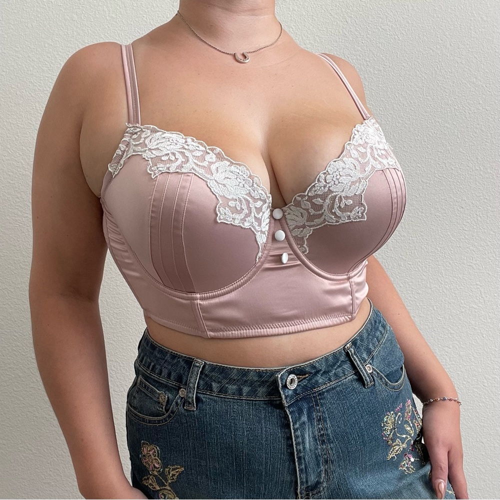 PARFAIT Light Pink Satin White Lace Trim Fem Girly Bustier Corset Bralette Top